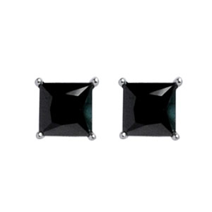 BOUCLES D'OREILLES TIGE SOLITAIRE CARRÉ PIERRE SYNTH.NOIRE ARGENT RHODIÉ 7MM