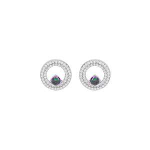 BOUCLES D'OREILLES TIGE ARGENT RHODIÉ RONDE OXYDE ARC EN CIEL MYSTIQUE CONTOUR OXYDES BLANCS SERTIS