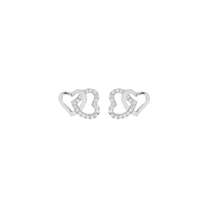 BOUCLES D'OREILLES TIGE ARGENT RHODIÉ DOUBLE COEUR ENTRELACÉ OXYDES BLANCS SERTIS
