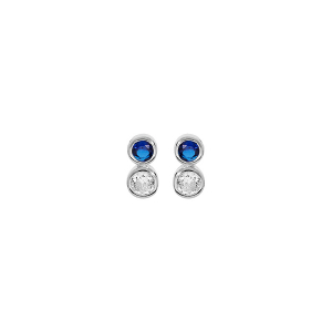 BOUCLES D'OREILLES TIGE ARGENT RHODIÉ 2 OXYDES BLANC ET BLEU FONCÉ SERTIS CLOS