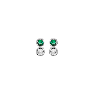 BOUCLES D'OREILLES TIGE ARGENT RHODIÉ 2 OXYDES BLANC ET VERT SERTIS CLOS