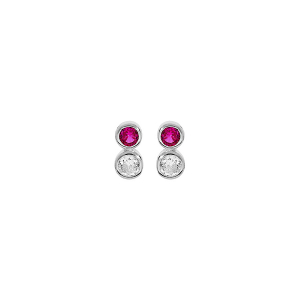 BOUCLES D'OREILLES TIGE ARGENT RHODIÉ 2 OXYDES BLANC ET FUSCHIA SERTIS CLOS