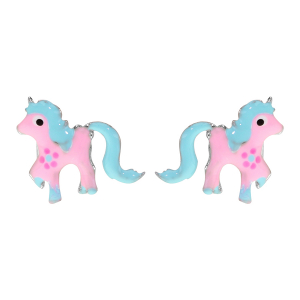 BOUCLES D'OREILLES TIGE ARGENT RHODIÉ PONEY ROSE ET BLEU