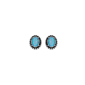 BOUCLES D'OREILLES TIGE ARGENT RHODIÉ OPALE BLEUE IMITATION ENTOURAGE PICOT PATINÉ