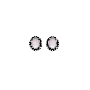 BOUCLES D'OREILLES TIGE ARGENT RHODIÉ OPALE BLANCHE IMITATION ENTOURAGE PICOT PATINÉ