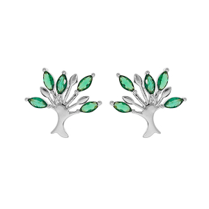 BOUCLES D'OREILLES TIGE ARGENT RHODIÉ ARBRE DE VIE OXYDES VERTS