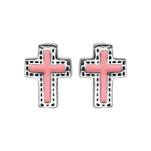 BOUCLES D'OREILLES TIGE ARGENT RHODIÉ CROIX RÉSINE ROSE
