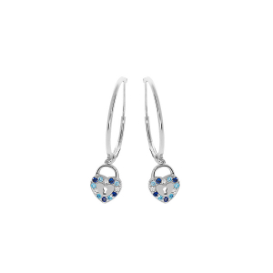 CRÉOLES ARGENT RHODIÉ PAMPILLE COEUR CADENAS OXYDES BLEUS