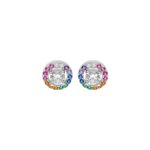 BOUCLES D'OREILLES TIGE ARGENT RHODIÉ ROND OXYDES MULTI COULEURS