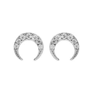 BOUCLES D'OREILLES TIGE ARGENT RHODIÉ DEMI LUNE OXYDES BLANCS SERTIS