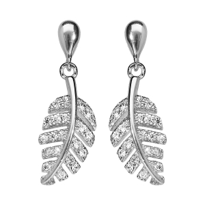 BOUCLES D'OREILLES TIGE ARGENT RHODIÉ PENDANT FEUILLAGE OXYDES BLANCS SERTIS