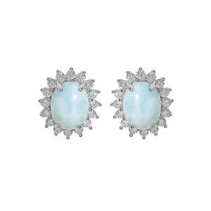 BOUCLES D'OREILLES TIGE ARGENT RHODIE PIERRE LARIMAR BLEU VÉRITABLE ET OXYDES BLANCS SERTIS