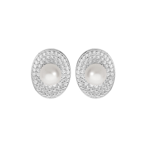 BOUCLES D'OREILLES TIGE ARGENT RHODIÉ PERLE DE CULTURE D'EAU DOUCE BLANCHE 6MM CONTOUR OXYDES BLANCS