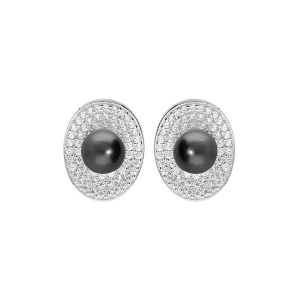 BOUCLES D'OREILLES TIGE ARGENT RHODIÉ PERLE DE CULTURE DE TAHITI VÉRITABLE 7MM CONTOUR OXYDES BLANCS