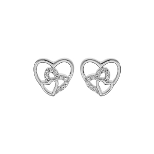 BOUCLES D'OREILLES TIGE ARGENT RHODIÉ COEURS OXYDES BLANCS SERTIS
