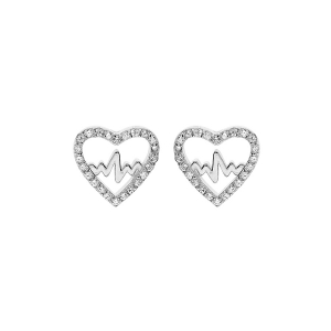 BOUCLES D'OREILLES TIGE ARGENT RHODIÉ COEUR AVEC COURBE OXYDES BLANCS SERTIS