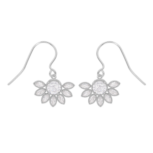 BOUCLES D'OREILLES CROCHET ARGENT RHODIÉ DEMI FLEUR OXYDES BLANCS SERTIS