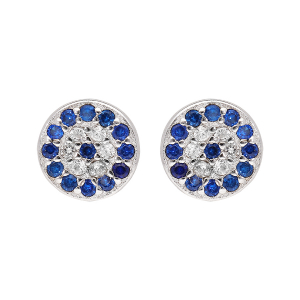 BOUCLES D'OREILLES TIGE ARGENT RHODIÉ PASTILLE EMPIERRES BLEUS ET BLANCS