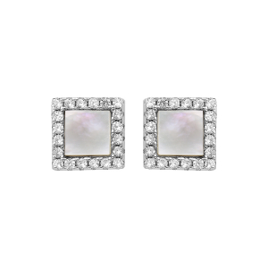 BOUCLES D'OREILLES TIGE ARGENT RHODIÉ CARRÉ NACRE BLANCHE CONTOUR OXYDES BLANCS SERTIS