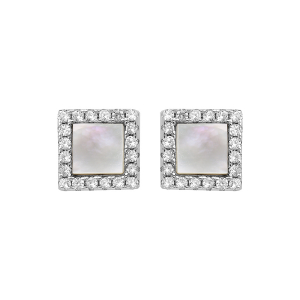 BOUCLES D'OREILLES TIGE ARGENT RHODIÉ CARRÉ NACRE BLANCHE CONTOUR OXYDES BLANCS SERTIS