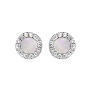 BOUCLES D'OREILLES TIGE ARGENT RHODIÉ RONDE NACRE BLANCHE CONTOUR OXYDES BLANCS SERTIS