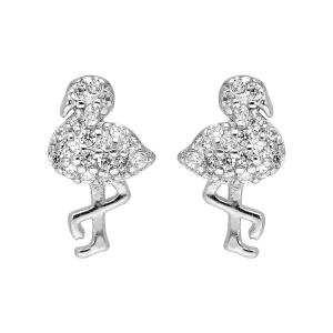 BOUCLES D'OREILLES TIGE ARGENT RHODIÉ FLAMANT ROSE OXYDES BLANCS SERTIS