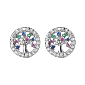 BOUCLES D'OREILLES TIGE ARGENT RHODIÉ RONDE ARBRE DE VIE MULTI COULEURS CONTOURS OXYDES BLANCS SERTIS