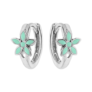 BOUCLES D'OREILLES ARGENT RHODIÉ PETITE CREOLE FLEUR RÉSINE VERTE