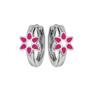BOUCLES D'OREILLES ARGENT RHODIÉ PETITE CREOLE FLEUR RÉSINE ROSE