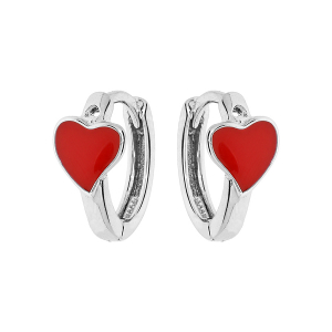 BOUCLES D'OREILLES ARGENT RHODIÉ PETITE CREOLE COEUR RÉSINE ROUGE