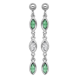 BOUCLES D'OREILLES TIGE ARGENT RHODIÉ 3 OXYDES SERTIS VERT ET BLANC