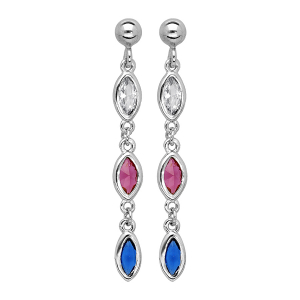 BOUCLES D'OREILLES TIGE ARGENT RHODIÉ 3 OXYDES BLEU ROUGE BLANC