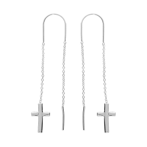 BOUCLES D'OREILLES ARGENT RHODIÉ 2 PENDANTS CHAINETTE CROIX