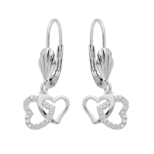BOUCLES D'OREILLES DORMEUSE ARGENT RHODIÉ DOUBLE COEUR ENTRELACÉ OXYDES BLANCS SERTIS