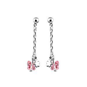BOUCLES D'OREILLES TIGE ARGENT RHODIÉ PENDANTE PAPILLON ROSE + FLEUR