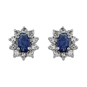 BOUCLES D'OREILLES TIGE ARGENT RHODIÉ PIERRE CENTRALE BLEU FONCE ENTOURAGE PIERRES BLANCHES