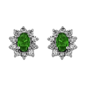 BOUCLES D'OREILLES TIGE ARGENT RHODIÉ PIERRE CENTRALE VERTE ENTOURAGE PIERRES BLANCHES