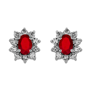 BOUCLES D'OREILLES TIGE ARGENT RHODIÉ PIERRE CENTRALE ROUGE ENTOURAGE PIERRES BLANCHES