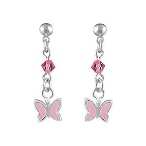 BOUCLES D'OREILLES TIGE ARGENT RHODIÉ PENDANTE PAPILLON ROSE + PERLES ROSE