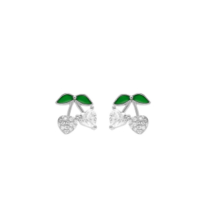 BOUCLES D'OREILLES TIGE ARGENT RHODIÉ CERISE OXYDES FORME COEUR BLANCS ET VERTS