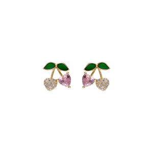 BOUCLES D'OREILLES TIGE ARGENT DORÉ CERISE OXYDES FORME COEUR ROSE ET VERTS