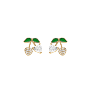 BOUCLES D'OREILLES TIGE ARGENT DORÉ CERISE OXYDES FORME COEUR BLANCS ET VERTS