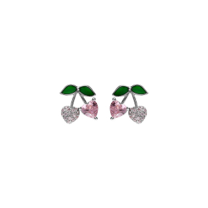 BOUCLES D'OREILLES TIGE ARGENT RHODIÉ CERISE OXYDES FORME COEUR ROSE ET VERTS