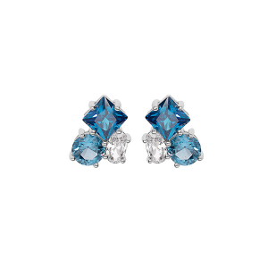 BOUCLES D'OREILLES TIGE ARGENT RHODIÉ 3 OXYDES BLEUS ET BLANC SERTIS