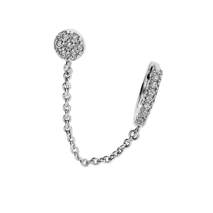 BOUCLES D'OREILLES ARGENT RHODIÉ 2 TROUS CREOLE 12MM OXYDES BLANCS SERTIS ET PAVÉ ROND AVEC CHAINETTE DIAMANTÉE (A L'UNITÉ)