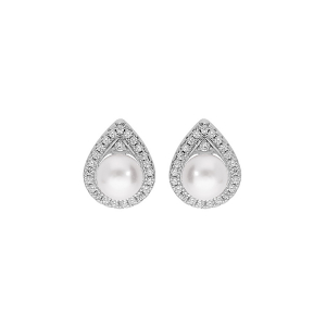 BOUCLES D'OREILLES TIGE ARGENT RHODIÉ PERLE DE CULTURE D'EAU DOUCE BLANCHE 6MM  ET CONTOUR OXYDES BLANCS SERTIS