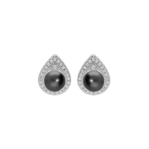 BOUCLES D'OREILLES TIGE ARGENT RHODIÉ PERLE DE CULTURE DE TAHITI 7MM  ET CONTOUR OXYDES BLANCS SERTIS