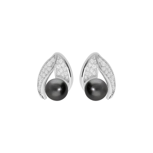 BOUCLES D'OREILLES TIGE ARGENT RHODIÉ PERLE DE CULTURE DE TAHITI VÉRITABLE 7MM  ET OXYDES BLANCS SERTIS