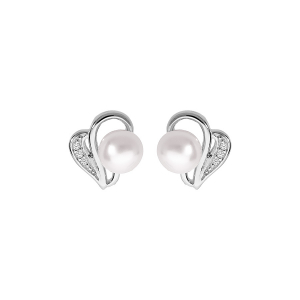 BOUCLES D'OREILLES TIGE ARGENT RHODIÉ PERLE DE CULTURE D'EAU DOUCE BLANCHE 6MM  ET OXYDES BLANCS SERTIS