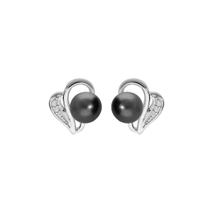 BOUCLES D'OREILLES TIGE ARGENT RHODIÉ PERLE DE CULTURE DE TAHITI VÉRITABLE 7MM  ET OXYDES BLANCS SERTIS